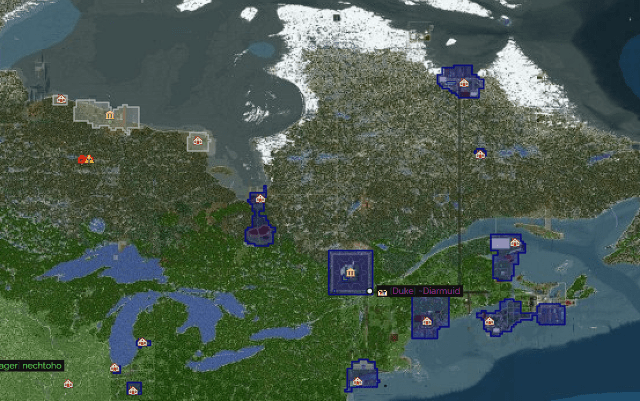 A September 2022-era map of Eastern Canada. Towns marked in blue belong to Empire of Columbia, while the capital city marked in white is Plumberg.